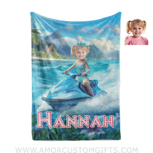 Personalized Frozen Elsa Princess Summer Beach Jet Ski Girl Blanket | Custom Name & Face Blankets