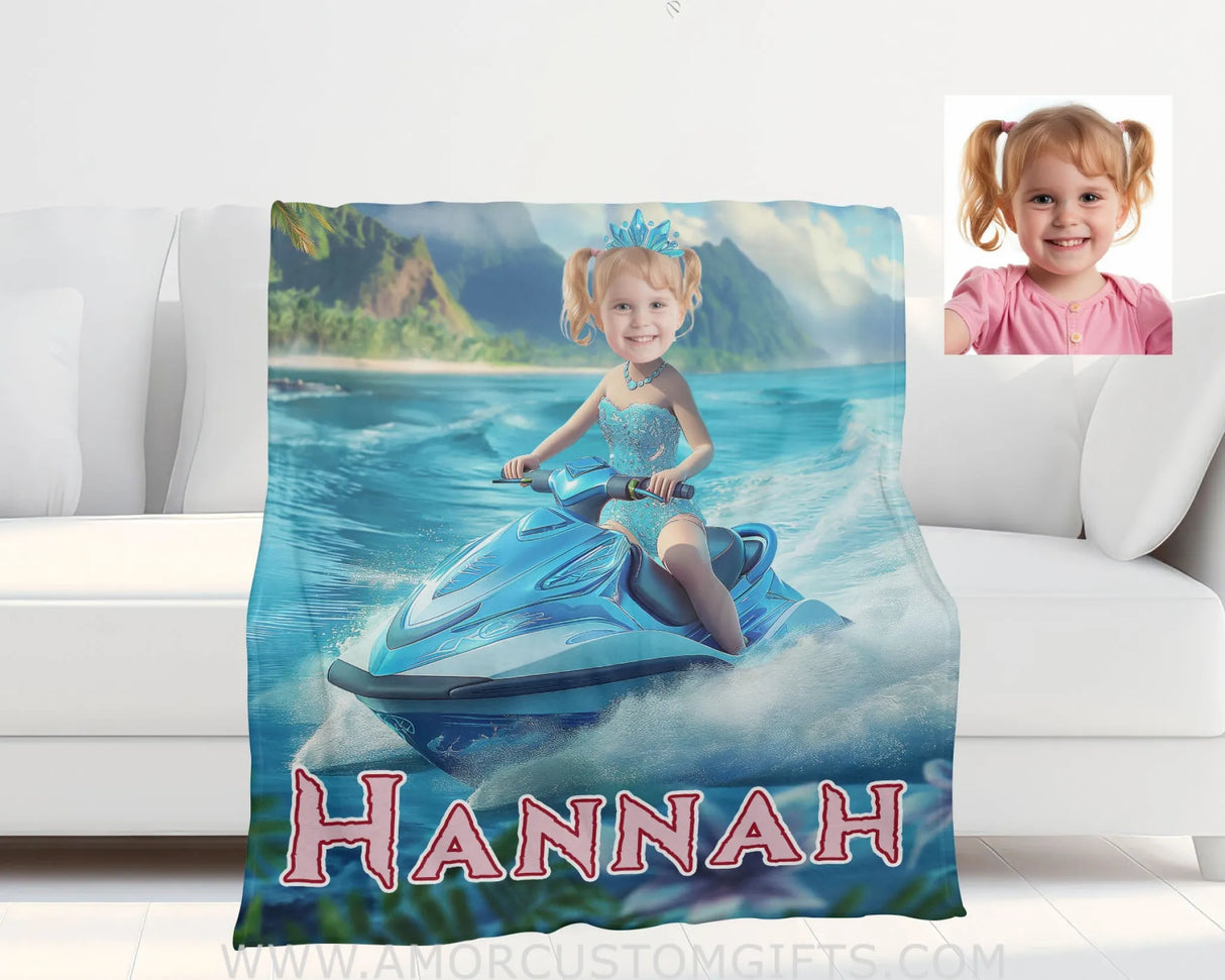 Personalized Frozen Elsa Princess Summer Beach Jet Ski Girl Blanket | Custom Name & Face Blankets