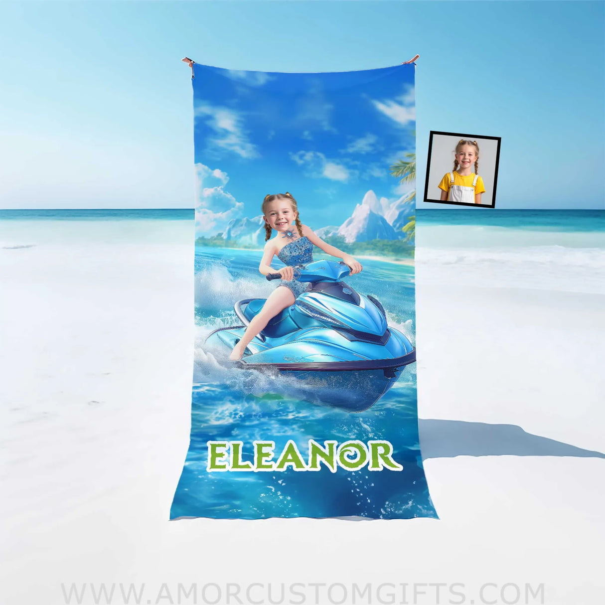 Personalized Frozen Elsa Princess Summer Beach Jet Ski Girl Towel | Custom Name & Photo Towels