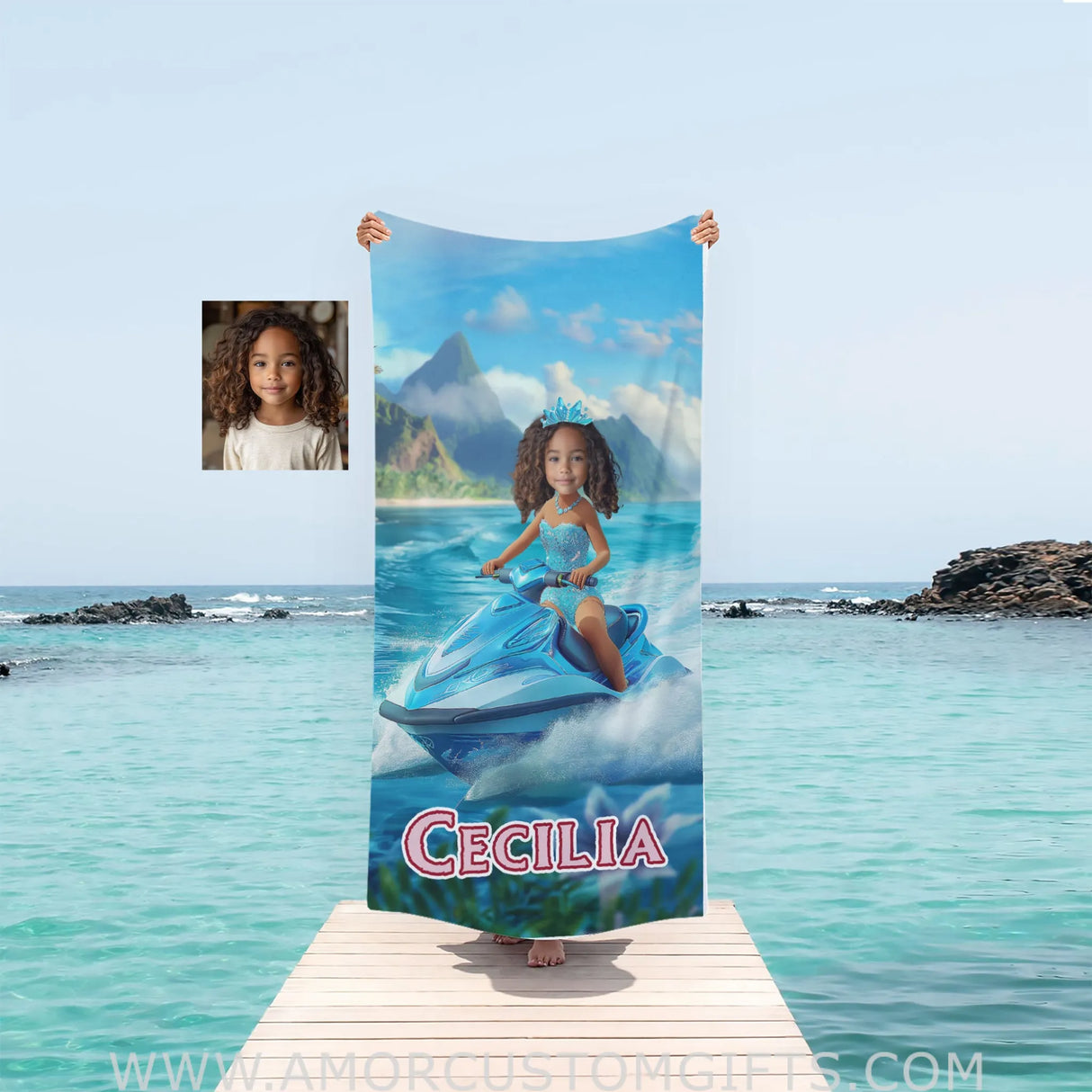 Towels Personalized Frozen Elsa Princess Summer Beach Jet Ski Girl Beach Towel | Custom Name & Photo Girl Beach Towel