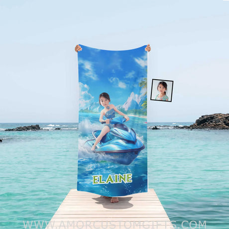 Personalized Frozen Elsa Princess Summer Beach Jet Ski Girl Towel | Custom Name & Photo Towels