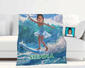 Blankets Personalized Frozen Elsa Princess Summer Surfing Blanket | Custom Name & Face Girl Princess Blanket
