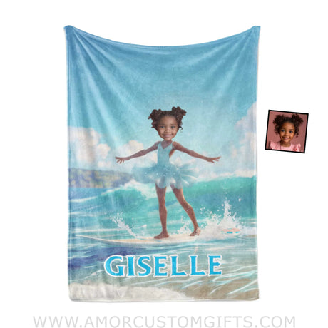 Blankets Personalized Frozen Elsa Princess Summer Surfing Blanket | Custom Name & Face Girl Princess Blanket