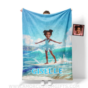 Personalized Frozen Elsa Princess Summer Surfing Blanket | Custom Name & Face Girl Blankets