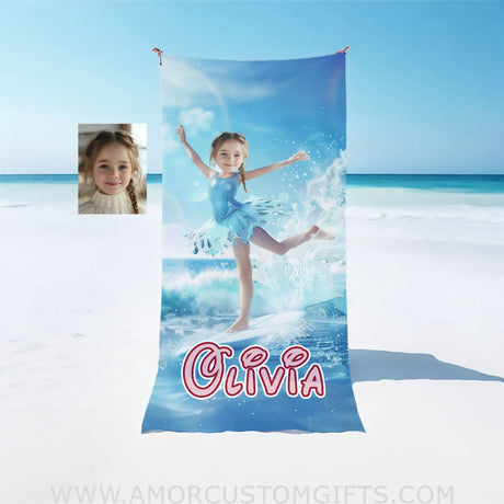 Personalized Frozen Elsa Princess Summer Surfing Dancing On Surfboard | Custom Name & Photo Girl