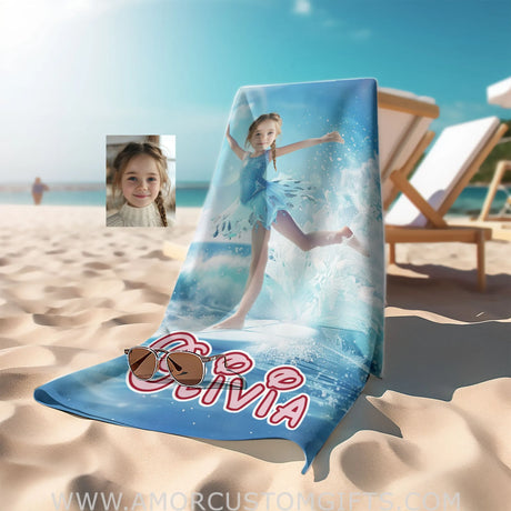Personalized Frozen Elsa Princess Summer Surfing Dancing On Surfboard | Custom Name & Photo Girl