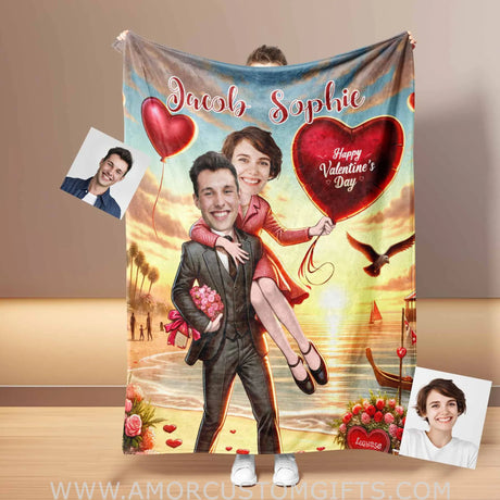 Blankets Personalized Funny Beach Couple 1 Blanket | Custom Face & Name Couple Blanket
