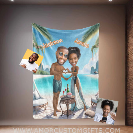 Blankets Personalized Funny Beach Couple 3 Blanket | Custom Face & Name Couple Blanket