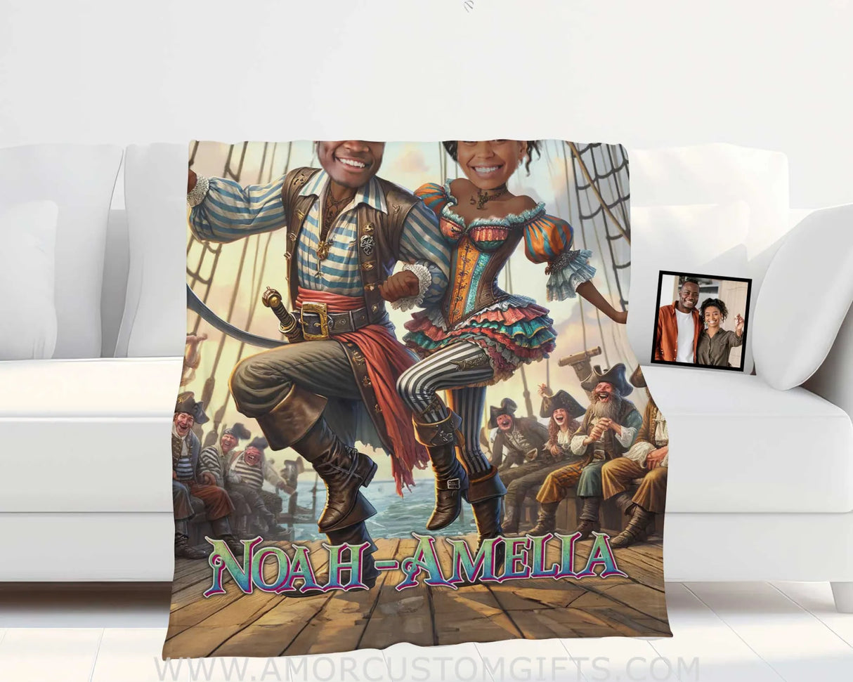 Blankets Personalized Funny Pirate Couple 3 Blanket | Custom Face & Name Couple Blanket