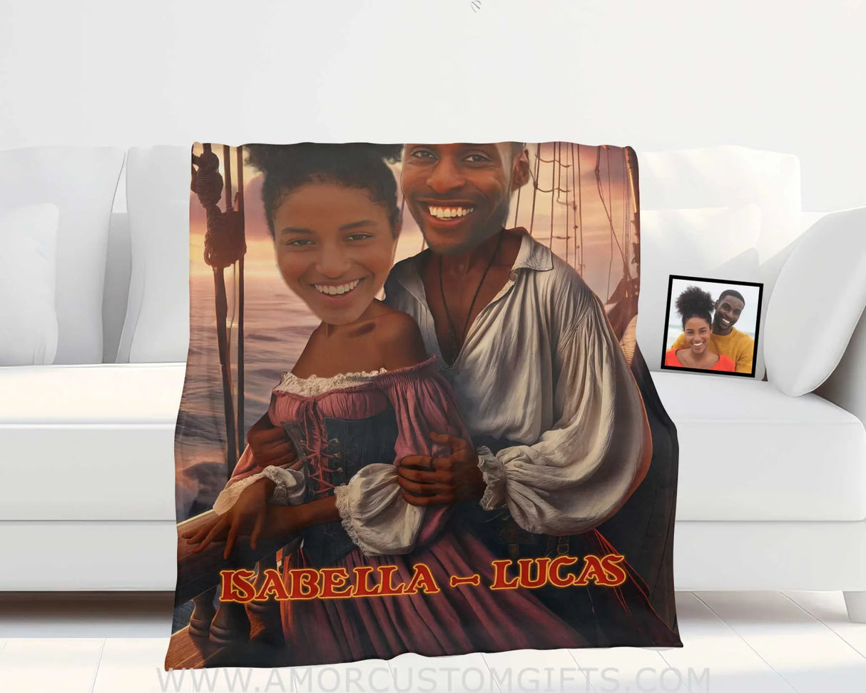 Blankets Personalized Funny Pirate Couple 5 Blanket | Custom Face & Name Couple Blanket