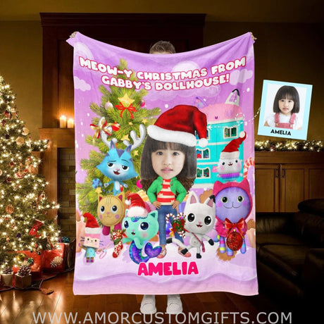 Blankets Personalized Gabby Dollhouse Xmas 01 Photo Blanket | Custom Name & Face Girl Blanket