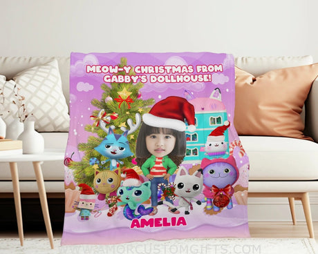 Blankets Personalized Gabby Dollhouse Xmas 01 Photo Blanket | Custom Name & Face Girl Blanket
