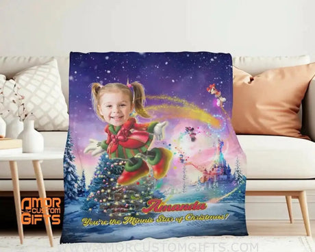 Blankets Personalized Girl Cartoon Mouse Christmas Blanket | Custom Face & Name Christmas Girl Mouse Blanket