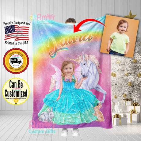 Blankets Personalized Glowing Unicorn Blanket | Custom Face & Name Unicorn Girl Blanket,  Customized Blanket