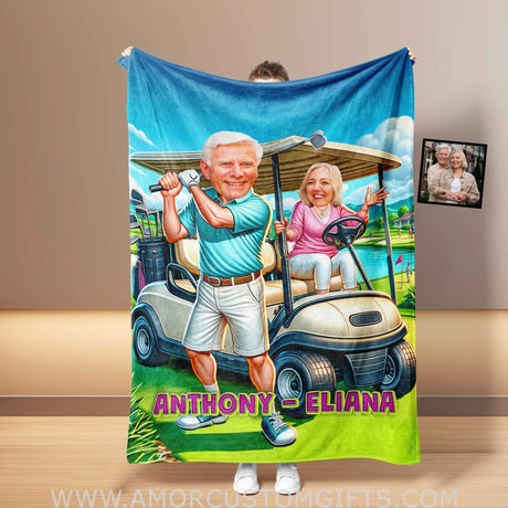 Blankets Personalized Golf Elderly Couple Blanket | Custom Face & Name Couple Blanket