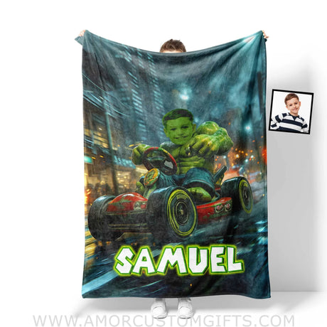 Blankets Personalized Green Hulk Mario Karrt Photo Boy Blanket | Custom Name & Face Boy Blanket