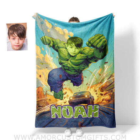 Blankets Personalized Green Hulk Superhero Boy Photo Blanket | Custom Name & Face Boy Blanket
