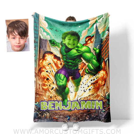 Blankets Personalized Green Hulk Superhero In Battle City Boy Photo Blanket | Custom Name & Face Boy Blanket