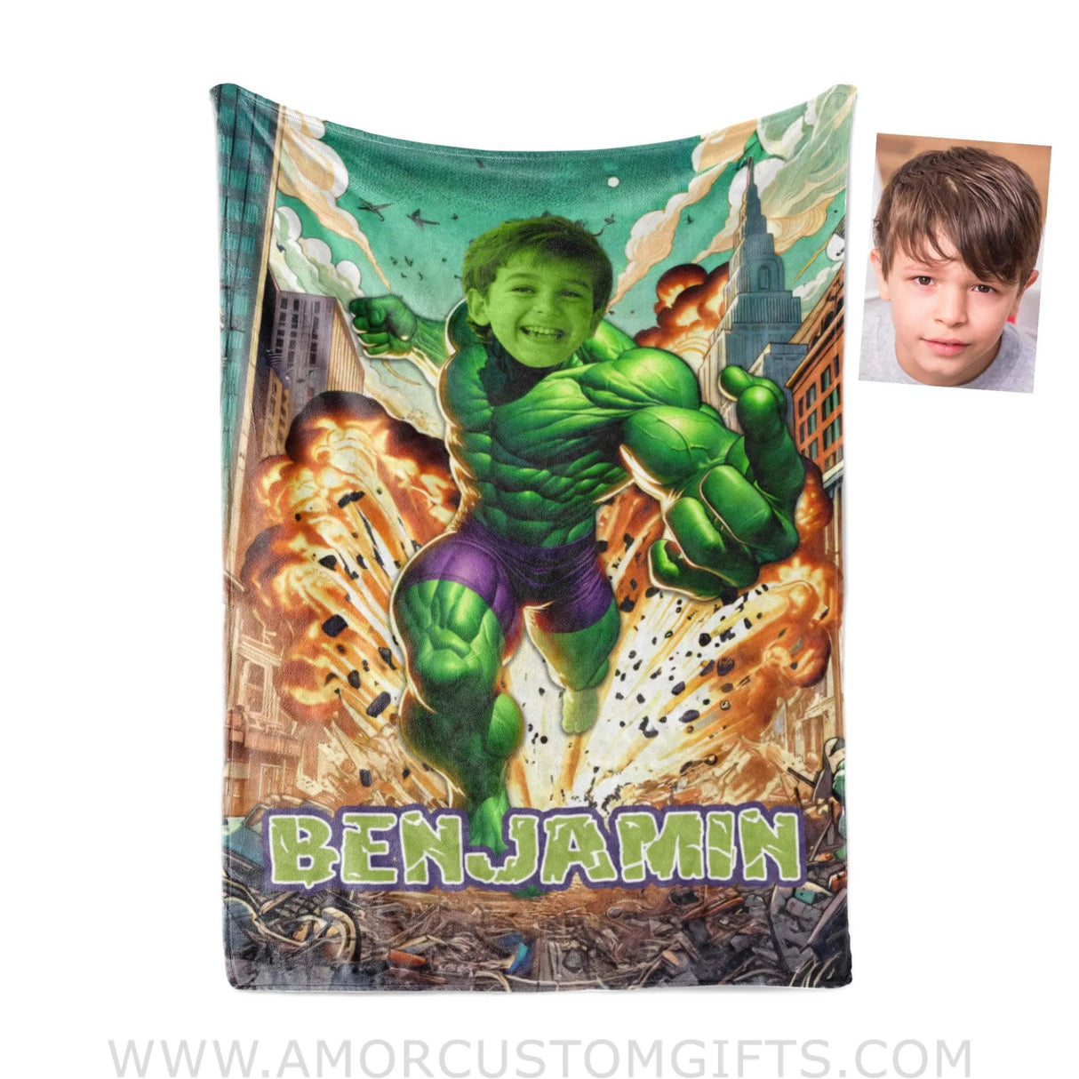 Blankets Personalized Green Hulk Superhero In Battle City Boy Photo Blanket | Custom Name & Face Boy Blanket