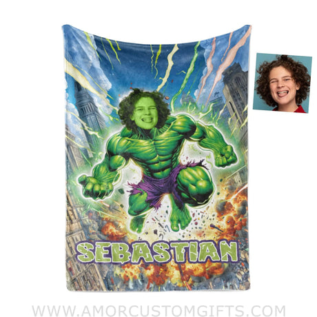 Blankets Personalized Green Hulk Superhero In Fire Battle Boy Photo Blanket | Custom Name & Face Boy Blanket