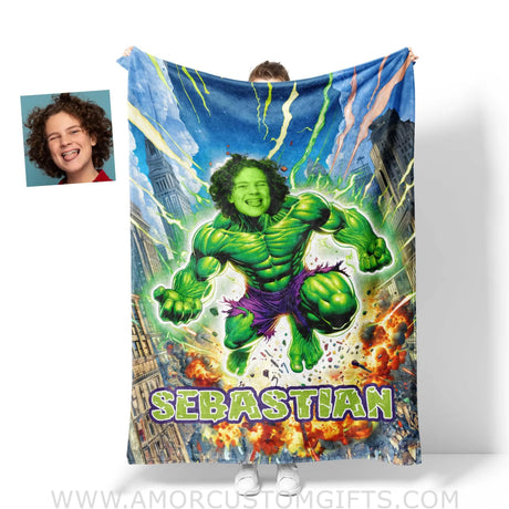 Blankets Personalized Green Hulk Superhero In Fire Battle Boy Photo Blanket | Custom Name & Face Boy Blanket