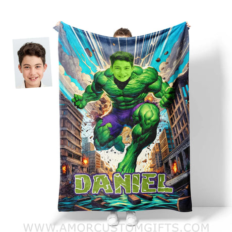 Blankets Personalized Green Hulk Superhero Winning Battle Boy Photo Blanket | Custom Name & Face Boy Blanket