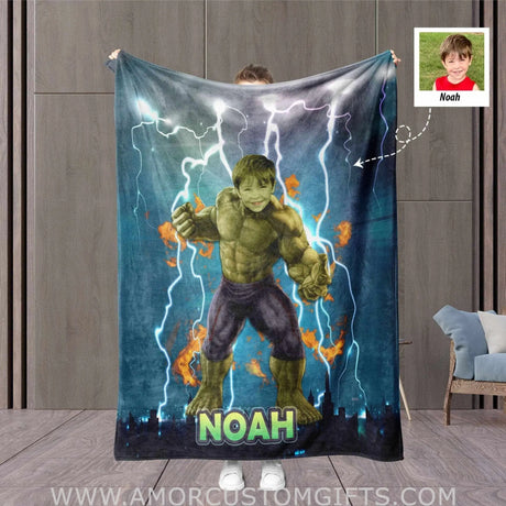 Blankets Personalized Green Superhero Blanket | Custom Face & Name Green Superhero Blanket
