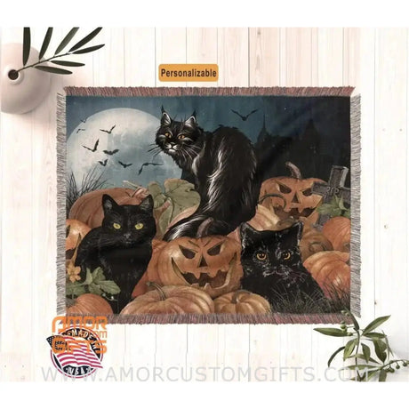 Blankets Personalized Halloween Kitty Halloween Black Cat Woven Blanket - Fall Boho Style Throw Bedding and Gifts