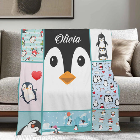 Blankets Personalized Happy Penguin Blanket | Custom Name Blanket For Baby Boys Girls