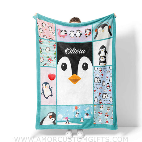 Blankets Personalized Happy Penguin Blanket | Custom Name Blanket For Baby Boys Girls