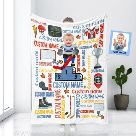 Blankets Personalized Hockey Boy Blanket | Custom Face & Name Sport Boy Blanket