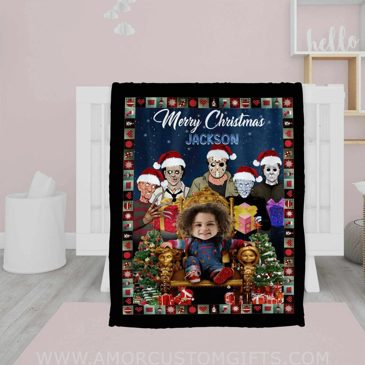 Blankets Personalized Horror Movie Watching Blanket | Custom Face & Name Christmas Boy Blanket
