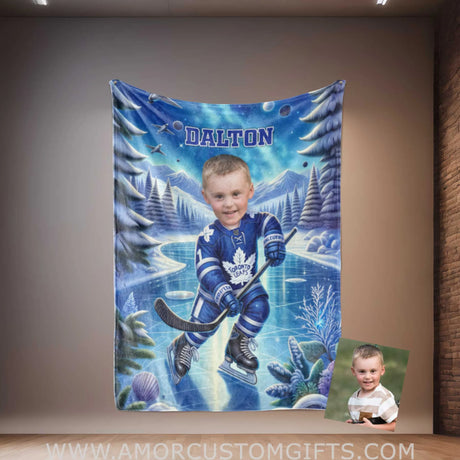 Blankets Personalized Ice Hockey Boy Blanket | Custom Face & Name Toronto Leafs Blanket For Boys