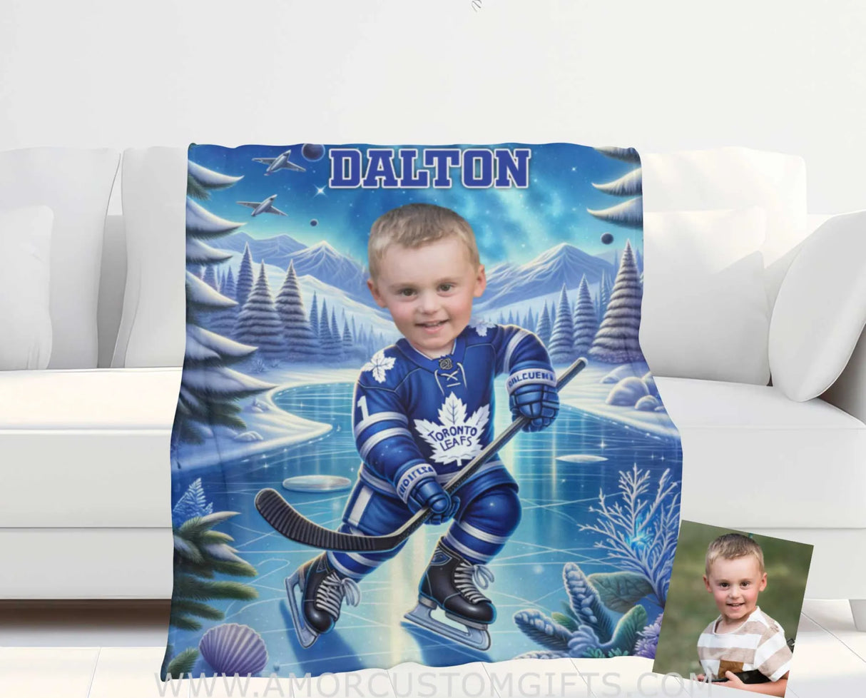 Blankets Personalized Ice Hockey Boy Blanket | Custom Face & Name Toronto Leafs Blanket For Boys