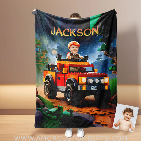 Blankets Personalized Interlocking Building Blocks Classic Vehicle 1 Photo Blanket | Custom Face & Name Blanket For Boys
