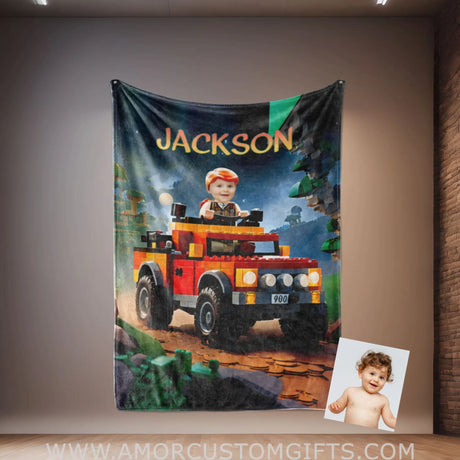 Blankets Personalized Interlocking Building Blocks Classic Vehicle 1 Photo Blanket | Custom Face & Name Blanket For Boys