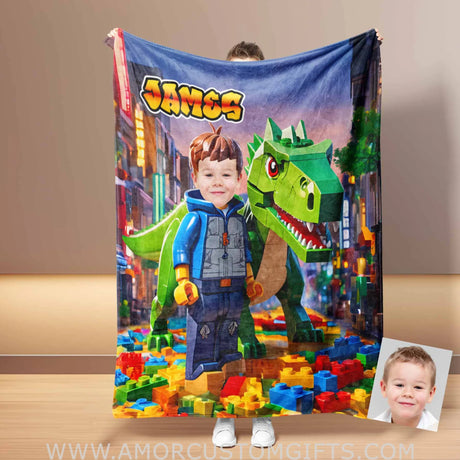 Blankets Personalized Interlocking Building Blocks Dino 3 Photo Blanket | Custom Face & Name Blanket For Boys