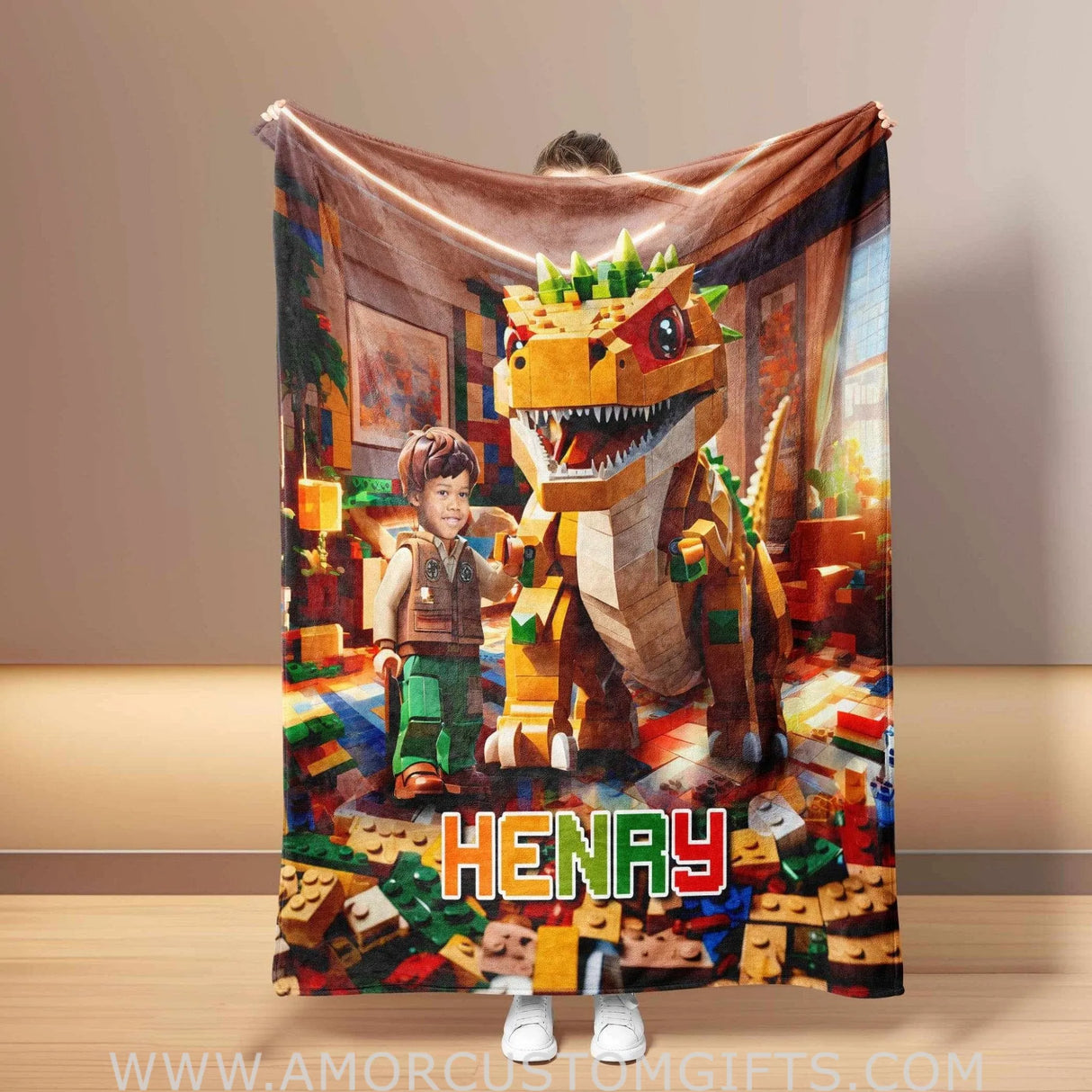Blankets Personalized Interlocking Building Blocks Dino 4 Blanket | Custom Blanket For Boys