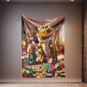 Blankets Personalized Interlocking Building Blocks Dino 4 Blanket | Custom Face & Name Blanket For Boys