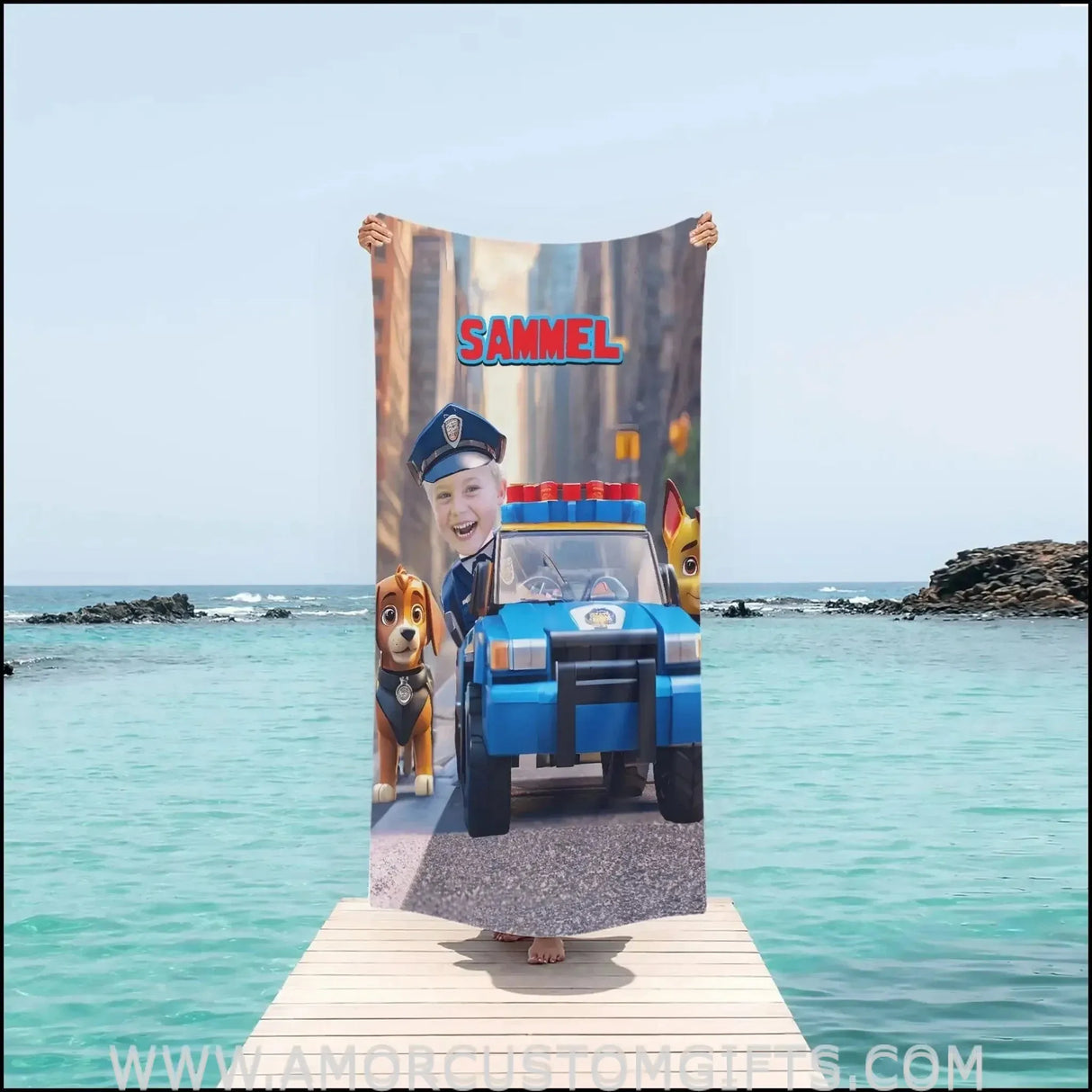 Towels Personalized Interlocking Building Blocks Police Boy & Patrol Dog Pets Car Beach Towel