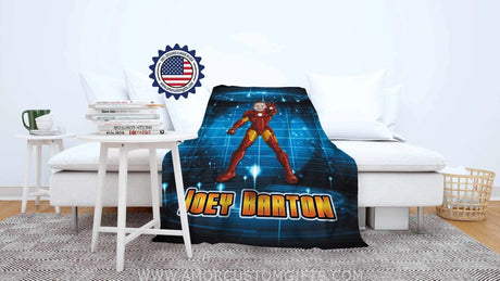 Blankets Personalized Iron Boy Blanket | Custom Face & Name Armored Superhero Blanket