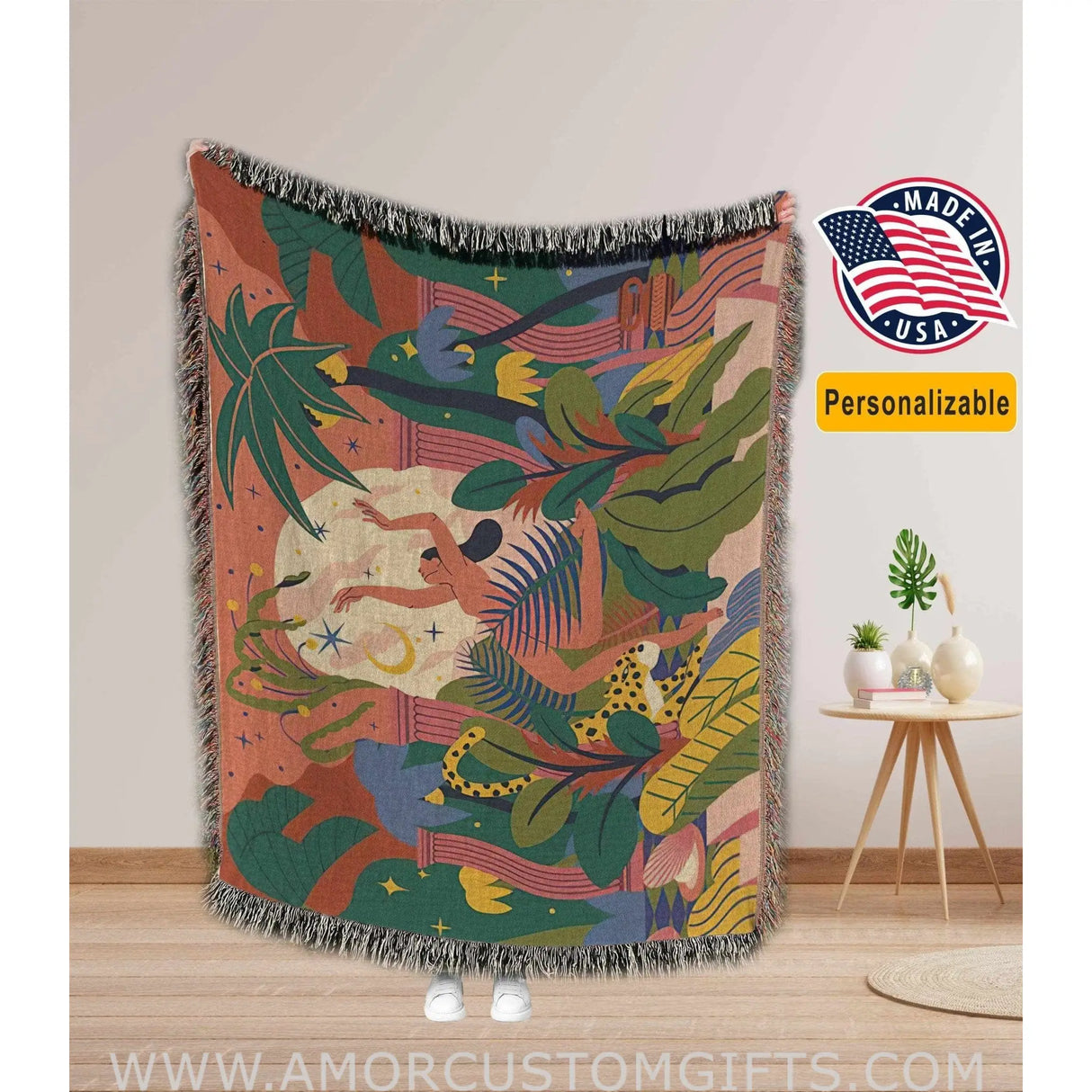 Blankets Personalized Jungle Dance Tiger Woven Blanket - Tropical Boho Style Throw Home  Decor and Gifts