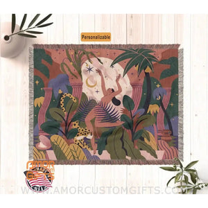 Blankets Personalized Jungle Dance Tiger Woven Blanket - Tropical Boho Style Throw Home  Decor and Gifts