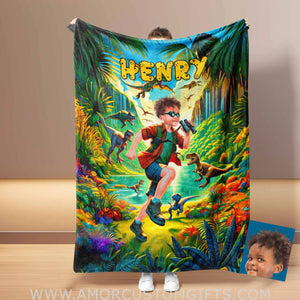 Blankets Personalized Jurassic Boy 3 Blanket | Custom Face & Name Boy Blanket