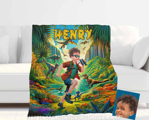 Blankets Personalized Jurassic Boy 3 Blanket | Custom Face & Name Boy Blanket