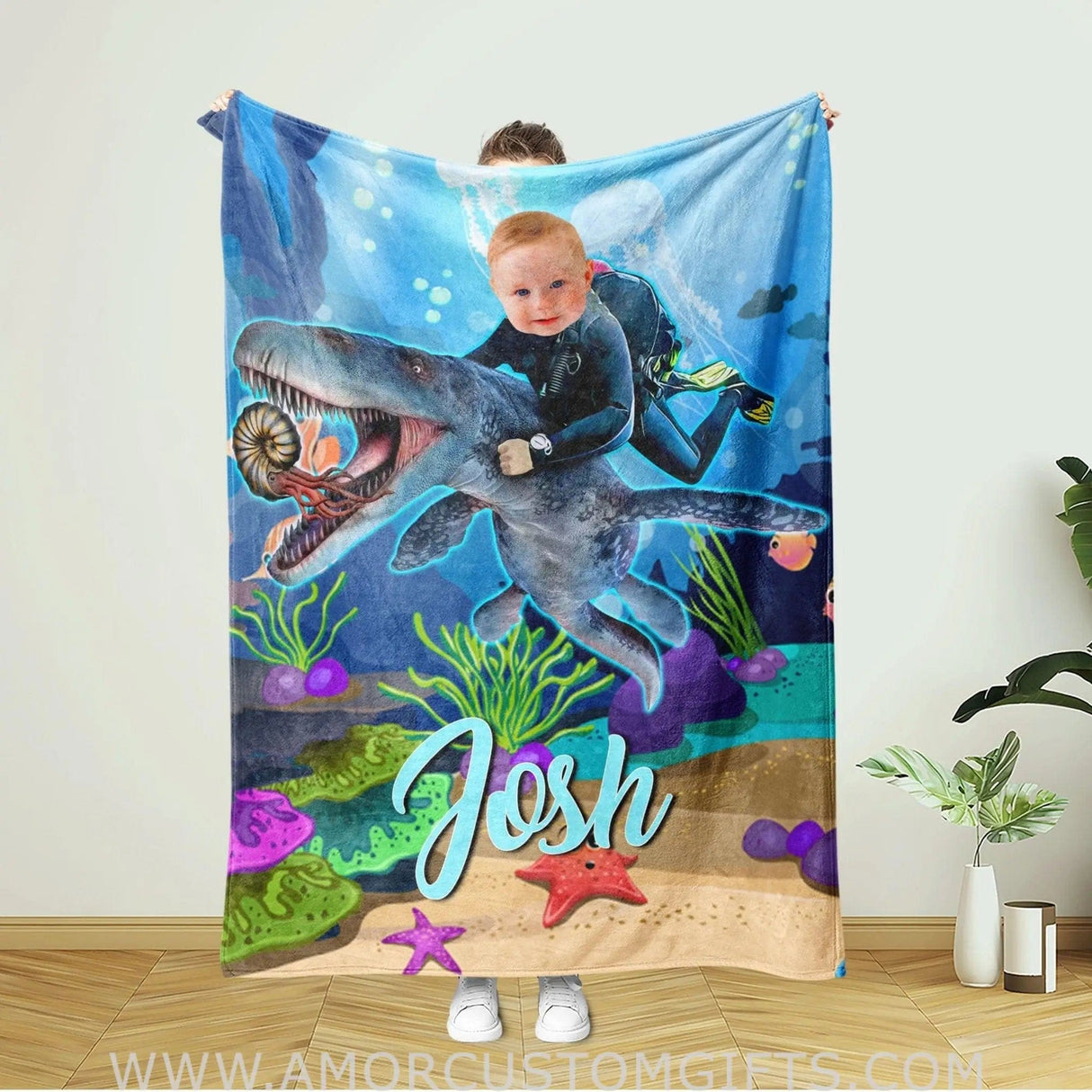 Blankets Personalized Kid Riding a Mosasaurus Jurassic Dinosaur Blanket | Custom Boy Dinosaur Blanket,  Customized Blanket