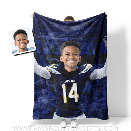Blankets Personalized LA Football Boy Chargers Photo Blanket | Custom Name & Face Boy Blanket