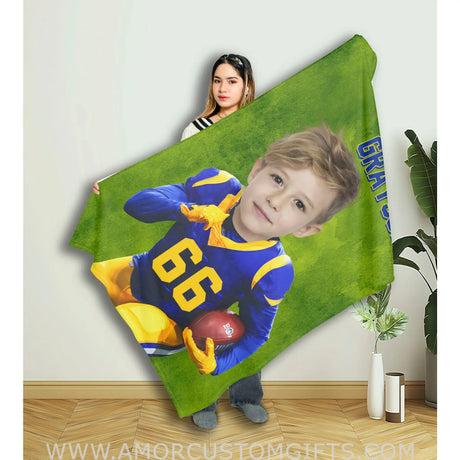 Blankets Personalized LA Football Rams Boy Blanket | Custom Face & Name Football Boys Blanket