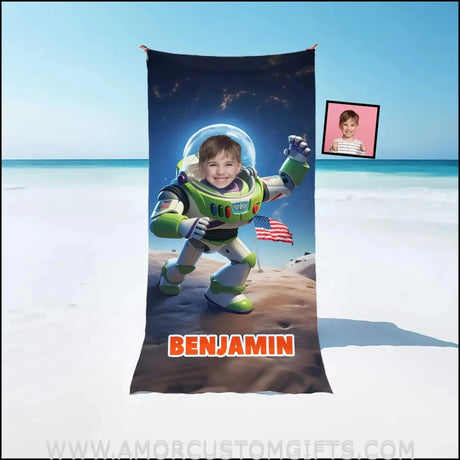 Towels Personalized Lightyear Astronaut On The Moon Buzz Beach Towel | Customized Name & Face Boy Towel