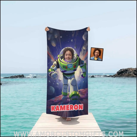 Towels Personalized Lightyear Astronaut On The Moon Buzz Beach Towel | Customized Name & Face Boy Towel